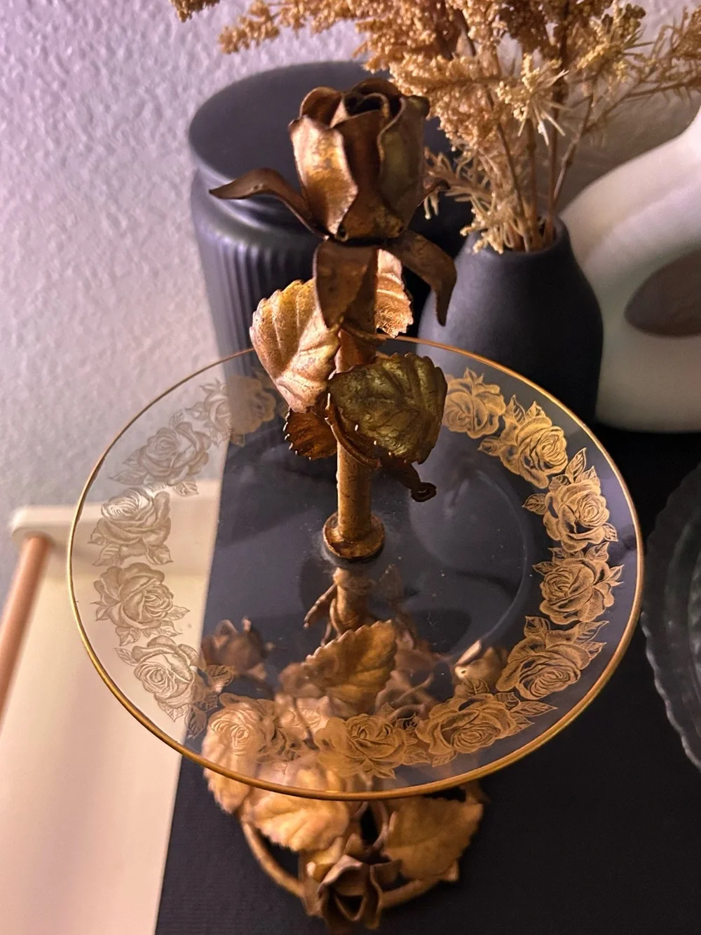 Vintage Italian Gold Guild Rose Pedestal Trinket Dish